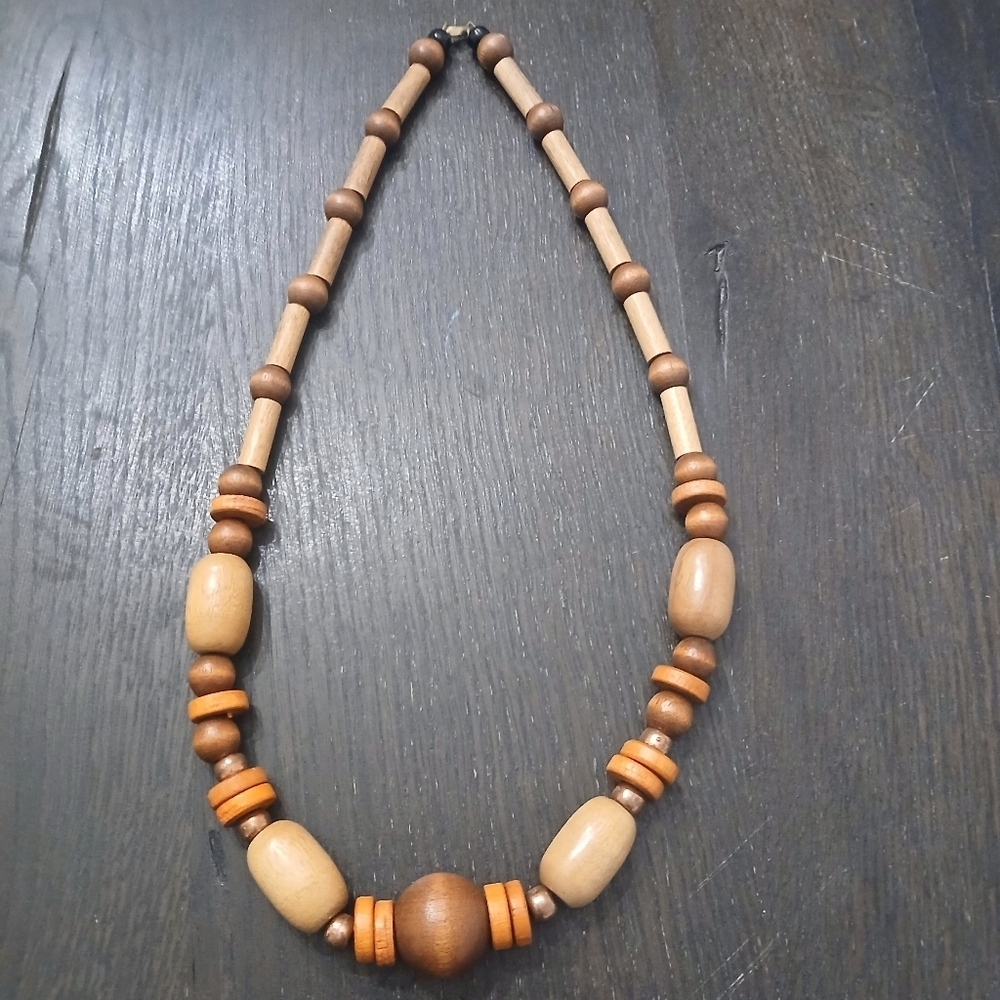 Vintage Bohemian Strung Wood Necklace  Beaded  Women's Jewelry Fashion